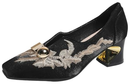 Zapatos de tacón retro de punta cuadrada para mujer, diseño de metal bordado, tacones medios, sin cordones, informales, elegantes, Black, 34 EU