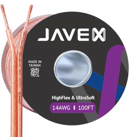 JAVEX Speaker Wire 14-Gauge [2.11mm2] [0.16mm Strands Oxygen-Free Copper 99.9%] Stranded Copper, Flat Cable, Cable for Hi-Fi Systems, Amplifiers, AV receivers and Car Audio Systems, 100FT [30.5M]