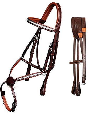Exion Premium English Leather Figure 8 Bridle with Silver Clincher Noseband & Browband | Soft Padded Anatomical Crown Piece | Rubber Reins | Adjustable Fit | Jumping, Hunter, Eventing