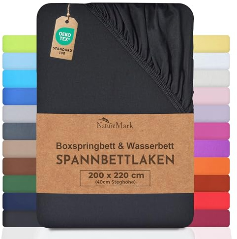 NatureMark Basic Boxspringbett & Wasserbett Spannbettlaken 200 x 220 cm - 40 cm Steghöhe - 200x220cm Spannbetttuch - 100% Baumwolle, Schwarz