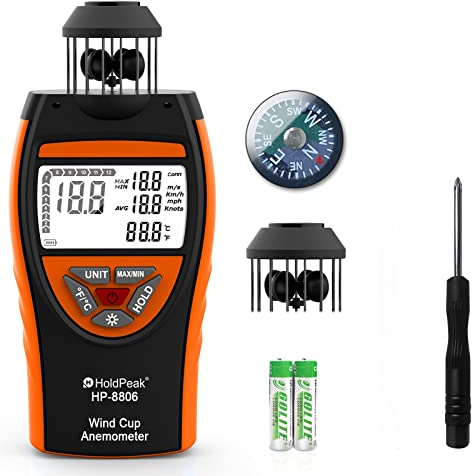 HoldPeak 8806 Windmesser, digital, Windgeschwindigkeit, Meterware, 4 Cups Windgeschwindigkeit, 0,7 ~ 42 m/s, Windgeschwindigkeit und Temperatur (℃/℉) mit Kompass, für Schießen, Angeln, Segeln,