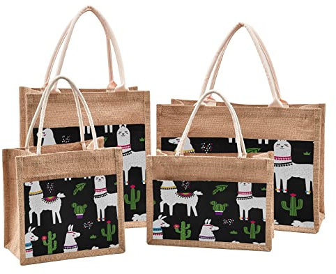 Mnsruu Llama Alcapa Cactus Plant Jute Tote Bags Women Grocery Shopping Bags with Handles for Outdoor Travel 12.6 x 16.9 x 7.1 inches