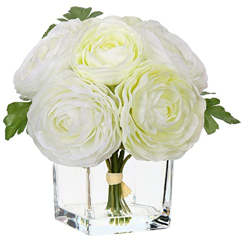 Briful Fleurs artificielles avec vase - 6 fleurs de camélia artificielles - Comme de vraies plantes artificielles - Décoration avec eau artificielle - Décoration de mariage, rebord de fenêtre, table