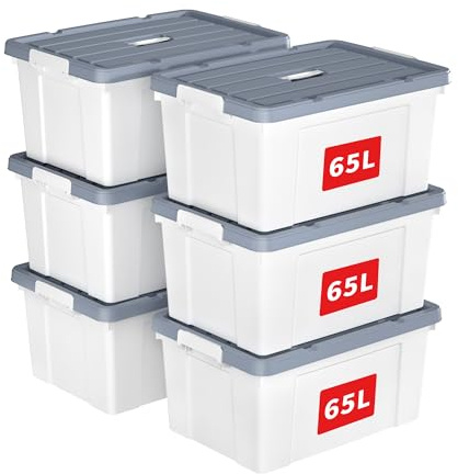 Cetomo 65L*6 Storage Boxes, Carry Plastic Storage Box with Lids, Organizing Container with Handle and Secure Latches, Nestable & Stackable Tote Box for Home Office, 65L-6 Pack, White
