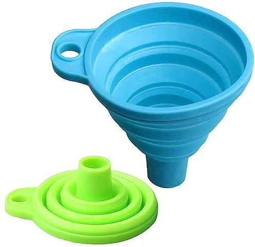 KINDOYO 2 Pezzi Imbuto Pieghevole - Imbuto Cucina Imbuto Pieghevole in Silicone Imbuto con Gancio Gadget da Cucina Portatili per Trasferimento Liquidi(Blu + Verde)