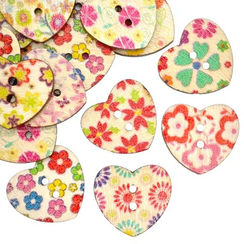 CANDEOLA 120-Pcs 3/4 Mixed Heart-Shaped Flower-Patterned Wooden Buttons | Bulk Assorted Colors Natural Wood Buttons for Sewing DIY Crafts Decoration Knitting Clothing Handmade Projects (22 * 20mm)