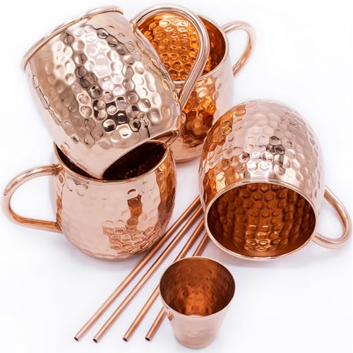 Conjunto de Vasos Moscow Mule Gadgy - Set de Tazas de Cóctel - 4 Vasos de Cobre, 4 Pajitas y un Jigger - 100% Cobre y Hecho a Mano - Regalo para Fiestas