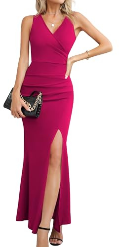 Laughido Dam cocktailklänning maxiklänning festklänning omlottklänning sommarklänning festlig elegant bodycon lång bröllop aftonklänningar, Varm rosa, XL