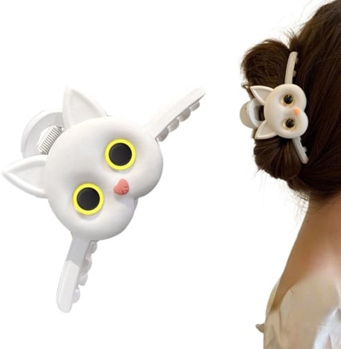 Pinzas para el pelo con forma de gato, garra grande para mujeres y niñas, clip de pelo de fantasía, accesorios para el cabello para mujeres y niñas, blanco