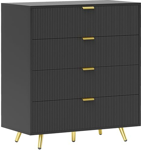 HOMCOM Bedroom Chest of Drawers with 4 Drawers, Fluted Dresser with Gold Tone Handles, Storage Cabinet for Bedroom, Living Room, Hallway, Entryway, 80x40x90cm, Black