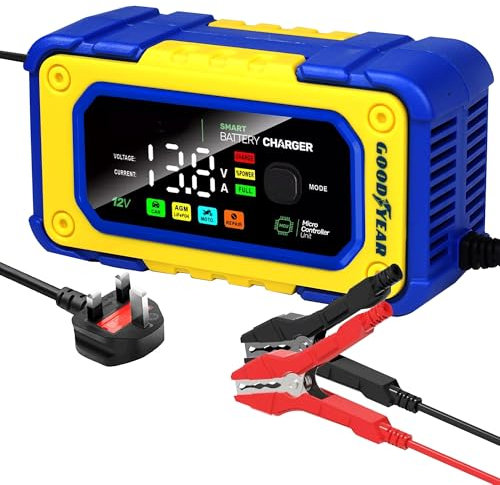 Goodyear 12V 7A Smart Battery Charger, Multiple Charging Modes for Cars, Motorcycles, Scooters, & Campers - Automatic Trickle Charge, LED Display, Repair Mode, Universal Compatibility