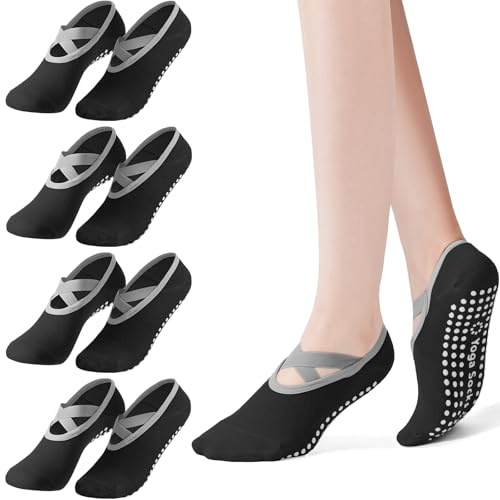 Vancle 4 Pares Calcetines Yoga Pilates Para Mujeres y Niñas, Calcetines Antideslizantes, Calcetín Tobillero Deportivo Transpirables para Fitness Ballet, Talla única 36-39
