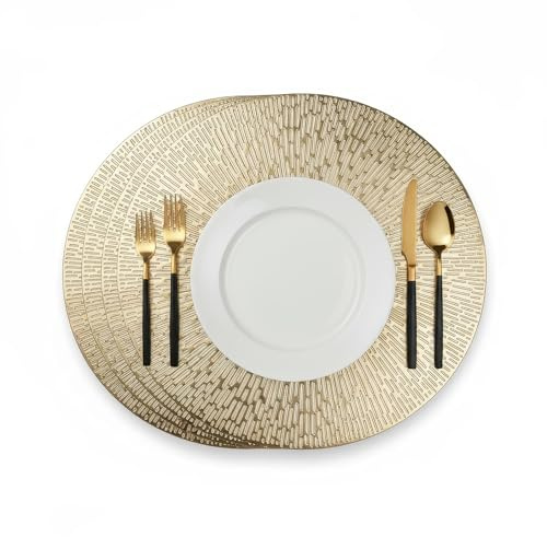 Komforbaa Rund PVC Platzsets Set 4, 38cm Platzdeckchen Hitzebeständig für Tischdeko Küche,Tischsets Abwaschbar rutschfest Gold