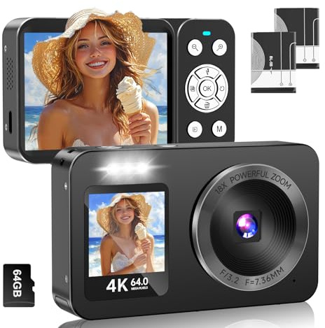 Digital Camera 4K 64MP with 64G SD Card, Front and Rear Dual Screens, 18X Digital Zoom Mini Compact Portable Vlogging Camera, 2 Batteries, for Kids Teen Students Girl Boy Beginner (Black)