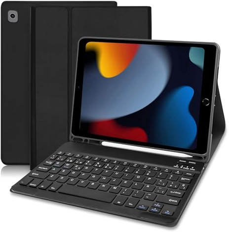XOKUWU Funda con Teclado iPad 9/8 /7 generacion 10.2”/Air 3 10.5/Pro 10.5”, Español Ñ QWERTY Bluetooth Desmontable, Funda Teclado para iPad 10.2 9th Gen 2021/ 8th 2020/ 7th 2019, Negro