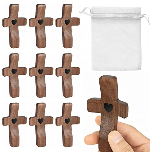 10Pcs Wooden Cross, Cross My Heart Encouragement Gifts, Small Wood Cross for Pocket Prayers, Handheld Protection Wooden Crosses, Fingertip Stress Relief Gifts for Adults Kids Daily Encouragement