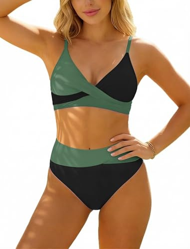 TcIFE Conjunto de Bikini para Mujer Tiro Alto, Cuello en V Cruzado de Dos Piezas Tiro Alto Control de Abdomen Traje de Baño, Bloques de Color Bañador