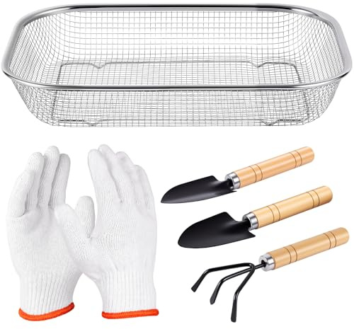 BAIEGOED Garden Sieve for Soil and Stones Kit, Stainless Steel Gardening Riddle Sieves with 3 Garden Trowel & Gloves, Large Soil and Sand Compost Sieve for Dirt Rocks Pellet Gravel Sand Leaves 37*27cm