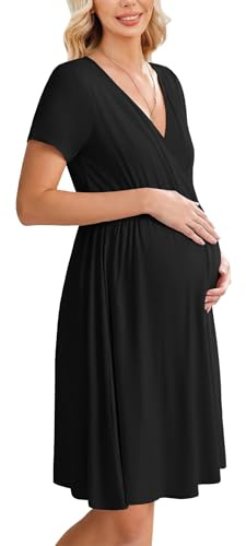 Ekouaer Women 3 in 1 Labor and Delivery Gown Split Front Flap Maternity Hospital Dress Nursing Nightgown for Breastfeeding Black M