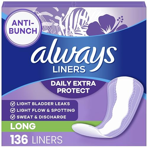 Always Panty Liners for Women Anti-Bunch Xtra Protection Daily Liners, Long, Unscented, 136 Count