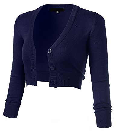 Allsense Women's 3/4 Sleeve Cropped Bolero Shrug Button Down Cardigan Sweater Lightweight Knit, Navy, XL