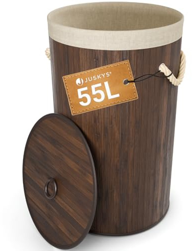 Juskys Cesto da bucato in bambù Curly-Round - capacità 55 litri - Cestino da biancheria con coperchio, maniglie di trasporto e sacca in tessuto - Cesto biancheria a 1 scomparto - marrone