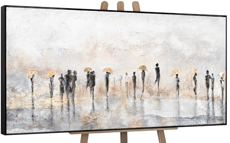 YS Enmarcado Pintado en acrílico Lluvia de verano Paisaje urbano Colores claros con dorado Figuras humanas abstractas Pinturas hechas a mano 120x60 cm