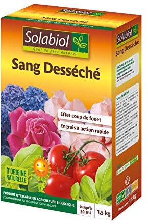 Solabiol Sang desséché 100% - 1,5 Kg - Engrais Action Coup de Fouet - Effet reverdissant - idéal pour Les massifs de Fleurs, Potager, Gazon, utilisable également pour activer Les composts SOSAN15G10N