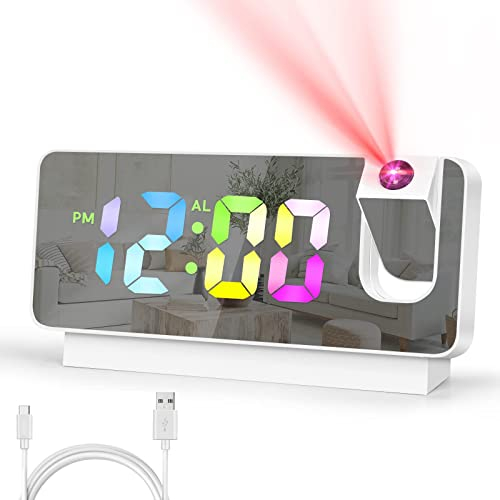 Projektionswecker für das Schlafzimmer, LED-Wecker für das Schlafzimmer, RGB-Farbwechselwecker für Teenager, Kinder, 180° Projektor und Dimmer, 12/24H, Snooze, 7,5 Dual Loud Alarm Clock (Weiß)