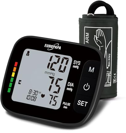 EUROPAPA Blutdruckmessgerät Oberarm für den Heimgebrauch, Pulsmessung Blutdruckmessung mit Große Manschette (22-42cm), 2 * 60 Speicher, Dual-User (Schwarz)