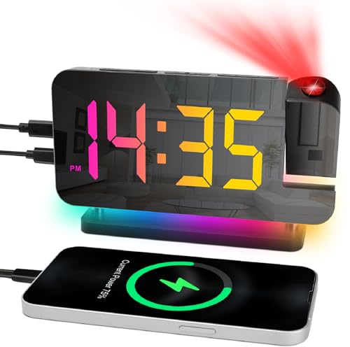 Cuteefun Projektionswecker, Wecker mit Projektion, Projektionsuhr mit Dualem USB C/A Ladeanschluss, 11 Farben RGB Ziffernanzeige, 6 Stufiger Helligkeit, Snooze, Wecker Digital mit 10 Farblichtern