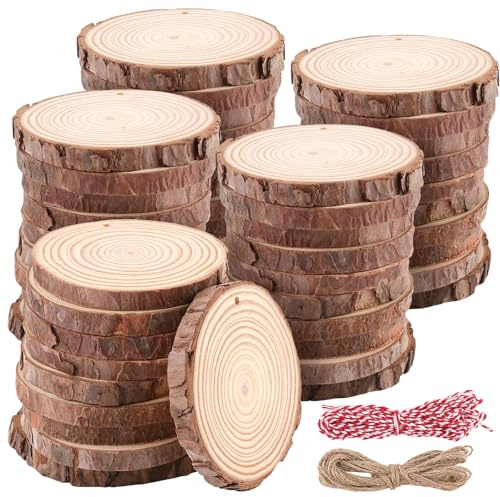 JIAYUET 50 PCS 10-11cm Natural Wood Slices with Drilled Hole, Unfinished Predrilled Log Wooden Discs, Round Wood Circles for DIY Craft Decorations