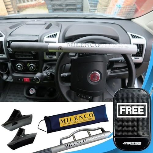 Milenco Car Steering Wheel Lock with Bag & Pad Silver High Security Wheel Lock High Visibility Metal Wheel Lock for Car Anti Theft Lock with 4Tress Non-Slip Car Dash Mat (4T-ML-6804)