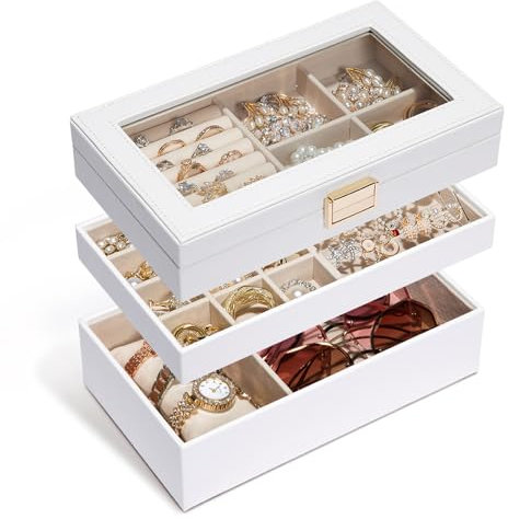 Seelux Jewellery Tray, Stackable Jewellery Box, Drawer Jewellery Organiser with Glass Lid, Removable Dividers for Dressing Table, Gift Idea for Girls and Women (White)
