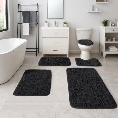 Heavyoff Set Tappeti Bagno 4 Pezzi, Tappeti Assorbente Antiscivolo, Soffice Tappetini Doccia, Lavabile in Lavatrice per doccia, vasche da bagno, Nero