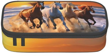 XKBFKLKMC Group of Moroccan Geome Trousse à crayons avec impression 3D de grande capacité avec compartiments, trousse à crayons pour filles, garçons, étudiants, Chevaux sur la plage, Taille unique