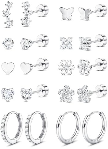 Chriscoco 10 Pares Pendientes Mujer Plata 14K Chapado Oro Piercing Oreja Acero Quirurgico Pendientes Dorados Pendiente Aro Plata Hipoalergenicos Piercing Tragus Helix Cartílago