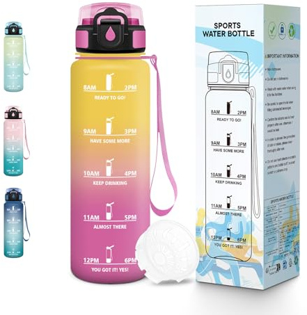 Baramumu Gourde, 500ML Sans BPA, Gourde Enfant, Conception de Verrouillage Anti-Fuite, Bouteille, Avec Horodatage, Bouteille Eau pour École, Yoga, En cours d'exécution, Aire de Jeux - Jaune&rose