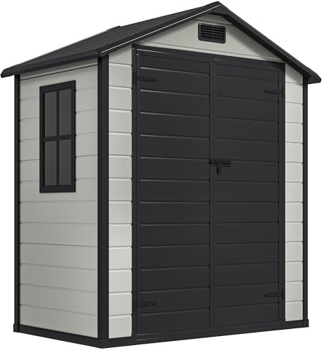 DWVO 6x4 FT Outdoor Resin Storage Shed with Reinforced Floor, All-Weather Bike Storage Shed with Lockable Door, Window and Vent, Waterproof Plastic Tool Storage for Garden, Backyard, Patio, Lawn,Black