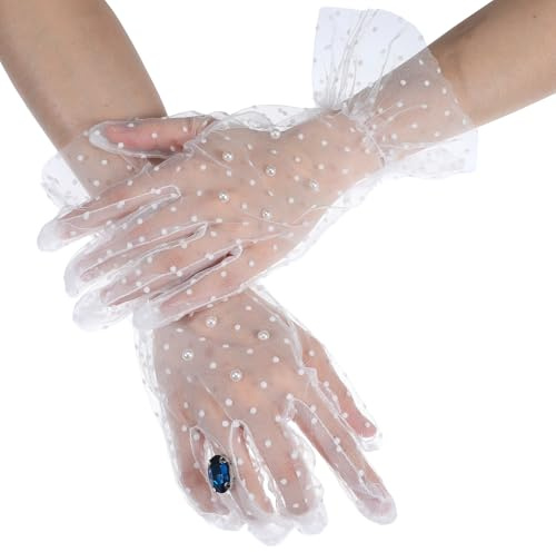 Apojgitn 1 Pair Lace Gloves Women, Polka Dots Pearls Sheer Mesh for Tea Party Wedding Lace Bridal Sleeves Tea Party Accessories for Birde Formal - White