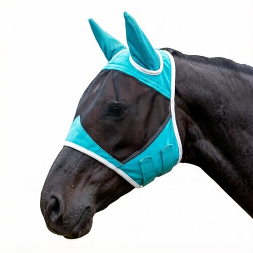 Satiskid Horse Fly Mask, Breathable Fine Mesh Fly Mask for Horses with Ear Covers, Blue Horse Mask with Velcro Closure, Protective Equestrian Gear L Size