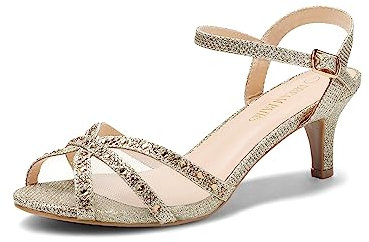 DREAM PAIRS Heels Sandals for Women Ankle Strap Low Kitten Wedding Shoe for Bride Party Dress,GOLD Size 5 UK, NINA-150
