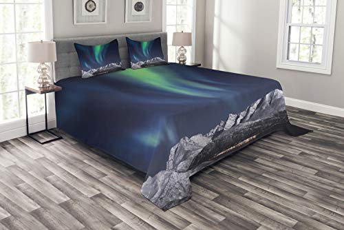 ABAKUHAUS Himmel Tagesdecke Set, Northern Nacht Norwegen Sonnen, Set mit Kissenbezügen Klare Farben, für Doppelbetten 264 x 220 cm, Grün Dunkelblau
