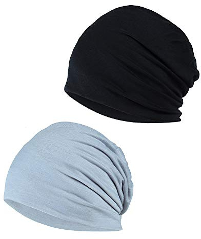 YOFASEN Gorro Slouchy - Quimio Cáncer Algodón Sombrero para la Cabeza Gorro para Dormir Turbante Sombreros Elástico Pañuelo Musulmán para Mujeres Hombres(2 paquetes), negro + gris claro, talla única