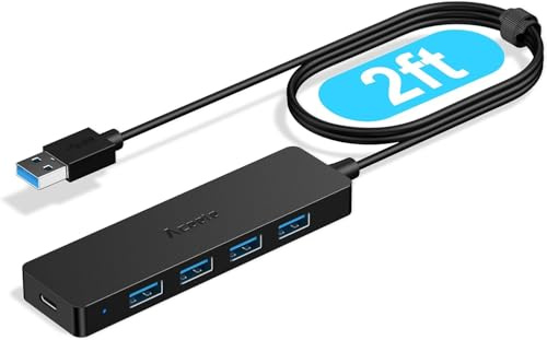 Aceele USB-hub 3.0, ultratunn USB-splitter med 4 portar och multiportar 2ft | 4* USB-A, med typ-C-strömport, 5 Gbps dataöverföring, multiport-expander för PC, bärbar dator, Xbox, PS5, tangentbord, etc.