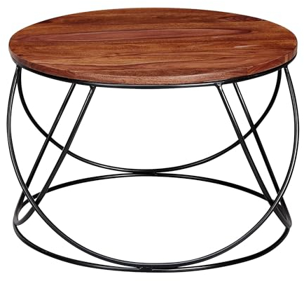 FineBuy Couchtisch Sheesham Massivholz/Metall 60 x 40 x 60 cm, Wohnzimmertisch Rund Massiv Braun, Sofatisch Modern Holztisch, Tisch Wohnzimmer Industrial