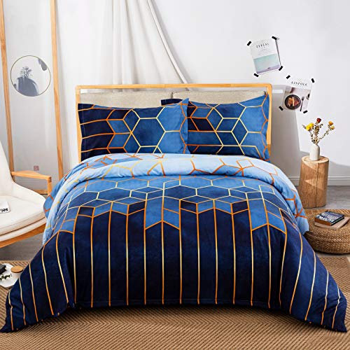 Blue Geometric Duvet Cover Golden Stripes Soft Microfiber Duvet Cover Set, Reversible Lightweight Bedding Sets 3pcs with Zipper Closure (King, 220x230cm)