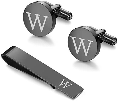 Black Initial Tie Clip and Cufflinks for Men Letter R
