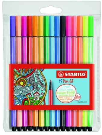 Stabilo Confezione da 10 penne 68 pennarelli a punta media, colori assortiti (10 + 5 fluos)
