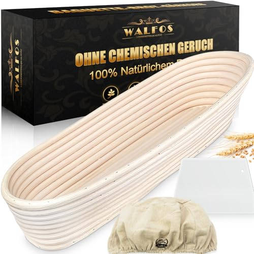 Walfos® - Cestino per la Fermentazione Ovale, Cella Lievitazione, Cestino Lievitazione Pane, 35 cm, Rattan Naturale, Incluso per Perfetta Forma, con Raschietto Impasto